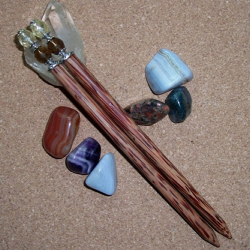 Coconut wood hairsticks with Tapaz and Lemon crystals handmade by Longhaired Jewels