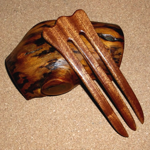 Joshua Jeter 4 prong Sapele wood hairfork supplied by Longhaired Jewels