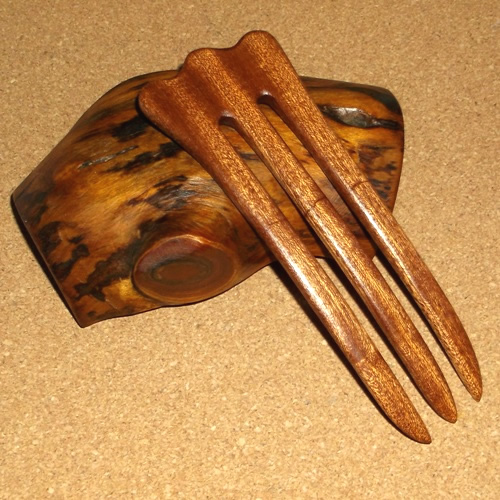 Joshua Jeter 4 prong Sapele wood hairfork supplied by Longhaired Jewels