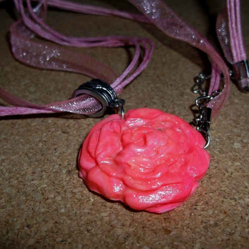 Homemade pink polymer rose pendant from Longhaired Jewels 
