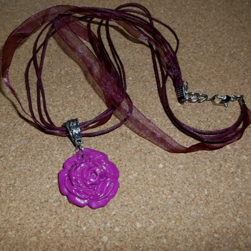 Homemade Violet coloured Polymer Rose Pendant necklace - supplied by Longhaired Jewels